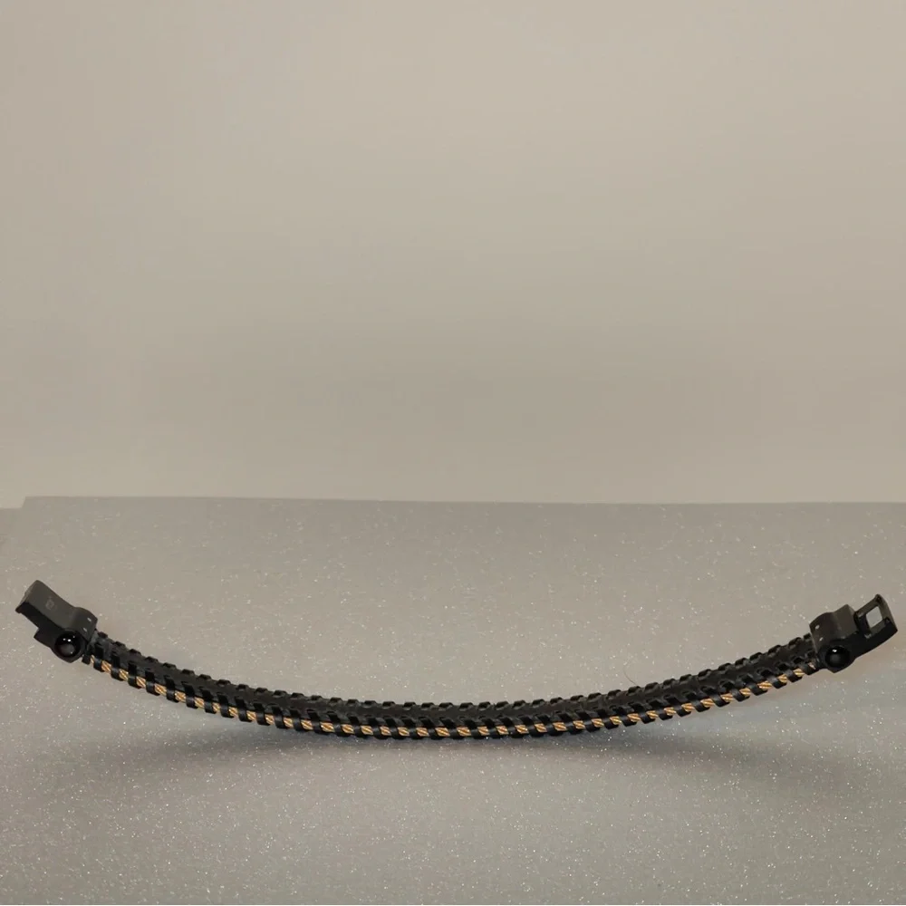 INOX Black Leather & Woven Gold Stainless Steel Cable Bracelet w/Magnetic Clasp